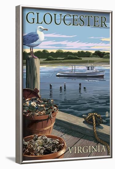 Gloucester, Virginia - Blue Crab and Oysters on Dock-Lantern Press-Framed Art Print