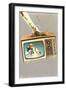 Gloved Arm Carrying Portable TV, Retro-null-Framed Art Print