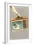 Gloved Arm Carrying Portable TV, Retro-null-Framed Art Print