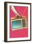Gloved Arm Carrying Portable TV-null-Framed Art Print