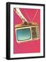 Gloved Arm Carrying Portable TV-null-Framed Art Print