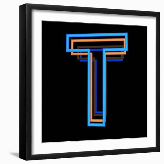 Glowing Letter T Isolated On Black Background-Andriy Zholudyev-Framed Art Print