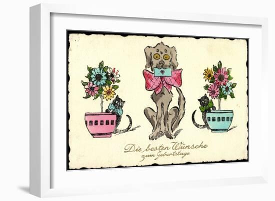 Glückwunsch Geburtstag, Hund Mit Brief, Katzen, Blumen-null-Framed Giclee Print