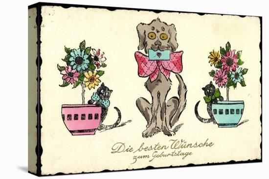 Glückwunsch Geburtstag, Hund Mit Brief, Katzen, Blumen-null-Stretched Canvas