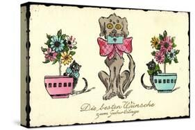 Glückwunsch Geburtstag, Hund Mit Brief, Katzen, Blumen-null-Stretched Canvas