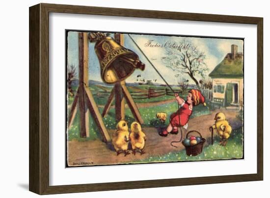 Glückwunsch Ostern, Junge Läutet Glocke, Küken, Eier-null-Framed Premium Giclee Print