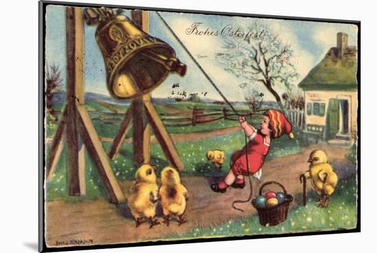 Glückwunsch Ostern, Junge Läutet Glocke, Küken, Eier-null-Mounted Premium Giclee Print