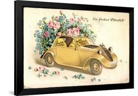 Glückwunsch Ostern, Küken in Einem Oldtimer, Blumen-null-Framed Giclee Print