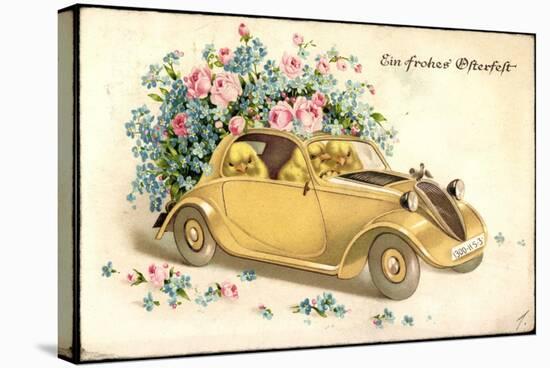 Glückwunsch Ostern, Küken in Einem Oldtimer, Blumen-null-Stretched Canvas