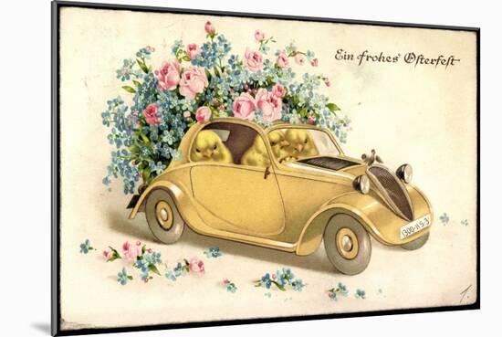 Glückwunsch Ostern, Küken in Einem Oldtimer, Blumen-null-Mounted Giclee Print