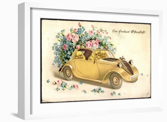 Glückwunsch Ostern, Küken in Einem Oldtimer, Blumen-null-Framed Premium Giclee Print