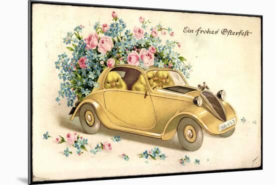 Glückwunsch Ostern, Küken in Einem Oldtimer, Blumen-null-Mounted Giclee Print