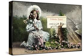Glückwunsch Ostern, Mädchen Hält Kniened Blumen, Hase-null-Stretched Canvas