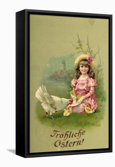 Glückwunsch Ostern, Mädchen Mit Küken Und Henne-null-Framed Stretched Canvas