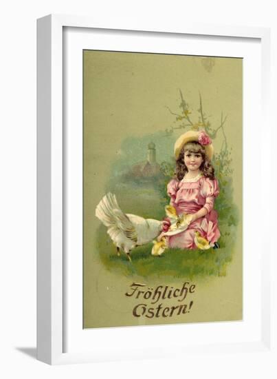 Glückwunsch Ostern, Mädchen Mit Küken Und Henne-null-Framed Giclee Print