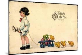 Glückwunsch Ostern, Mädchen, Weidenkätzchen, Küken-null-Mounted Giclee Print