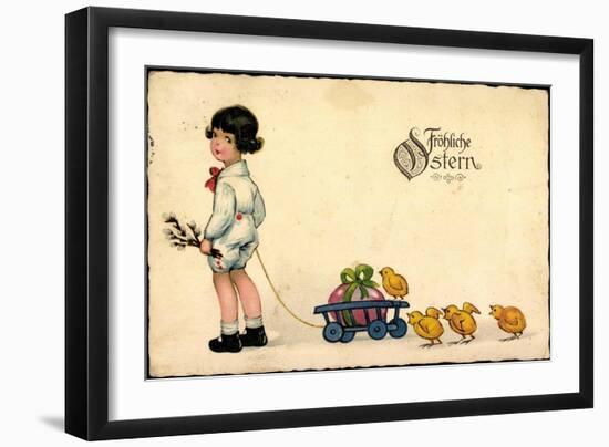 Glückwunsch Ostern, Mädchen, Weidenkätzchen, Küken-null-Framed Giclee Print