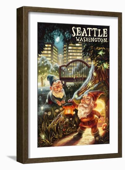 Gnomes in the City - Seattle, Washington-Lantern Press-Framed Art Print