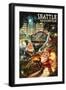Gnomes in the City - Seattle, Washington-Lantern Press-Framed Art Print