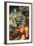 Gnomes in the City - Seattle, Washington-Lantern Press-Framed Art Print