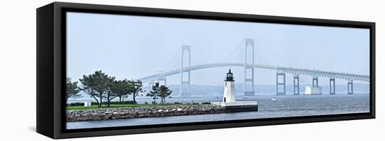 Goat Island Lighthouse with Claiborne Pell Bridge in the Background, Newport, Rhode Island, USA-null-Framed Stretched Canvas