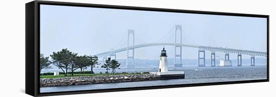 Goat Island Lighthouse with Claiborne Pell Bridge in the Background, Newport, Rhode Island, USA-null-Framed Stretched Canvas