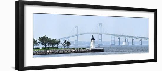 Goat Island Lighthouse with Claiborne Pell Bridge in the Background, Newport, Rhode Island, USA-null-Framed Premium Photographic Print