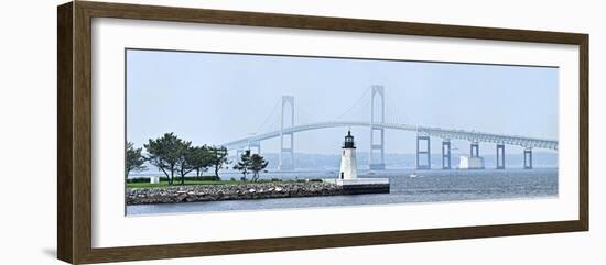 Goat Island Lighthouse with Claiborne Pell Bridge in the Background, Newport, Rhode Island, USA-null-Framed Photographic Print