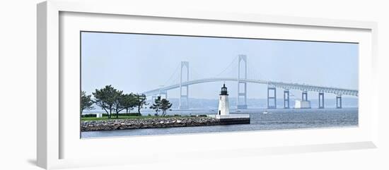 Goat Island Lighthouse with Claiborne Pell Bridge in the Background, Newport, Rhode Island, USA-null-Framed Photographic Print