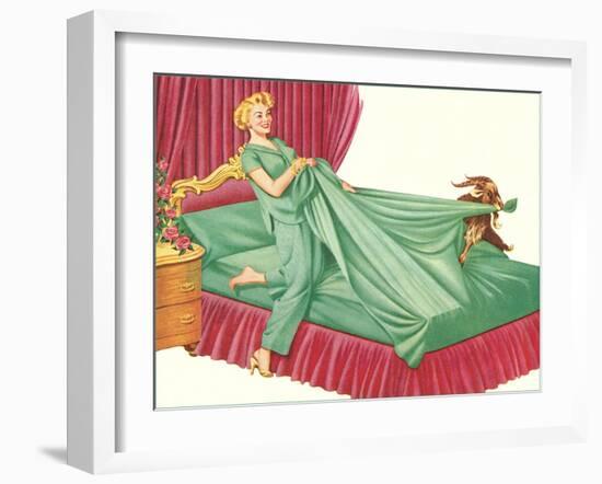 Goat Pulling on Sheet-null-Framed Art Print