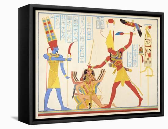 God Amun Offers Sickle Weapon to Pharaoh Ramesses III as he Strikes Two Captured Enemies-Jean Francois Champollion-Framed Stretched Canvas