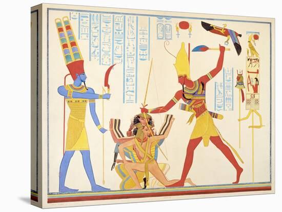 God Amun Offers Sickle Weapon to Pharaoh Ramesses III as he Strikes Two Captured Enemies-Jean Francois Champollion-Stretched Canvas