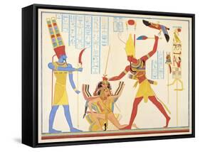 God Amun Offers Sickle Weapon to Pharaoh Ramesses III as he Strikes Two Captured Enemies-Jean Francois Champollion-Framed Stretched Canvas
