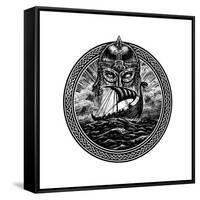 God Odin Storm Sea and Drakkar . Illustration of a Circle. Viking Emblem Viking Ship. Norse God-Barandash Karandashich-Framed Stretched Canvas