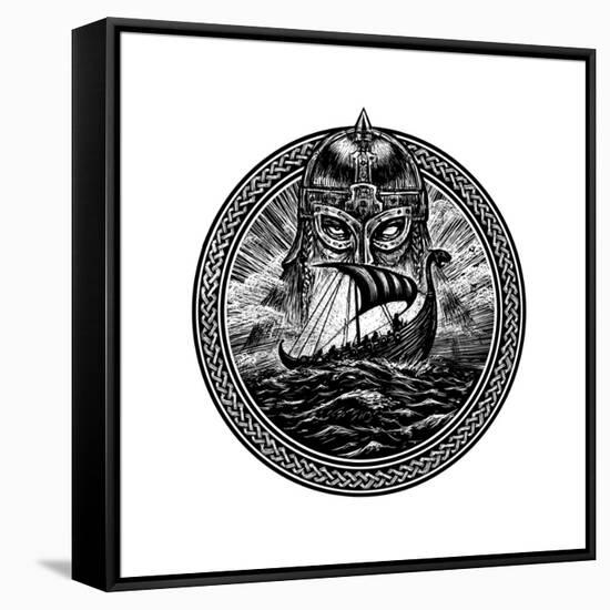 God Odin Storm Sea and Drakkar . Illustration of a Circle. Viking Emblem Viking Ship. Norse God-Barandash Karandashich-Framed Stretched Canvas