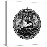 God Odin Storm Sea and Drakkar . Illustration of a Circle. Viking Emblem Viking Ship. Norse God-Barandash Karandashich-Stretched Canvas