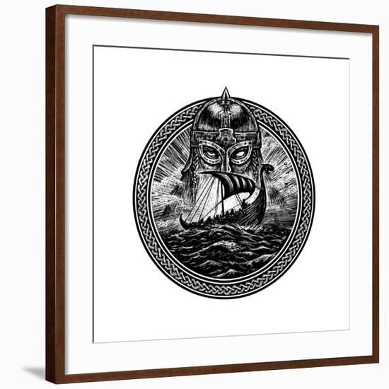 God Odin Storm Sea and Drakkar . Illustration of a Circle. Viking Emblem Viking Ship. Norse God-Barandash Karandashich-Framed Art Print