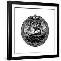 God Odin Storm Sea and Drakkar . Illustration of a Circle. Viking Emblem Viking Ship. Norse God-Barandash Karandashich-Framed Art Print