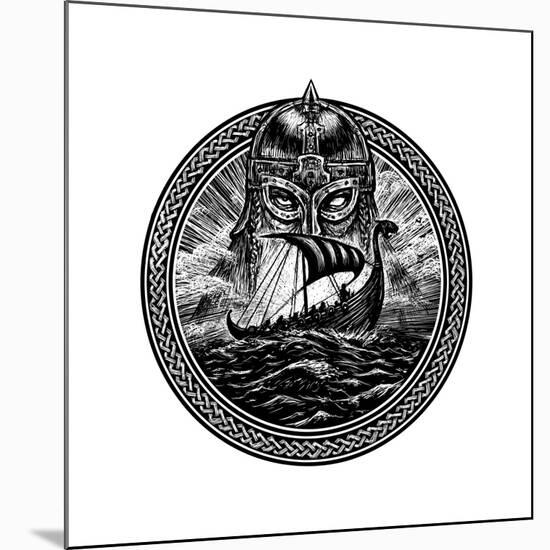 God Odin Storm Sea and Drakkar . Illustration of a Circle. Viking Emblem Viking Ship. Norse God-Barandash Karandashich-Mounted Art Print