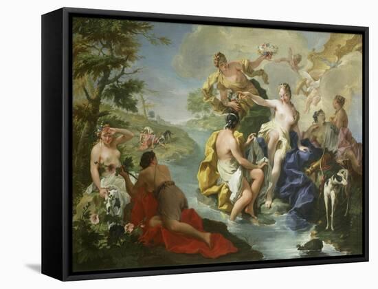 Goddess Diana and Nymphs and Actaeon Torn to Pieces by His Hounds or Dogs-Giovanni Battista Pittoni-Framed Stretched Canvas