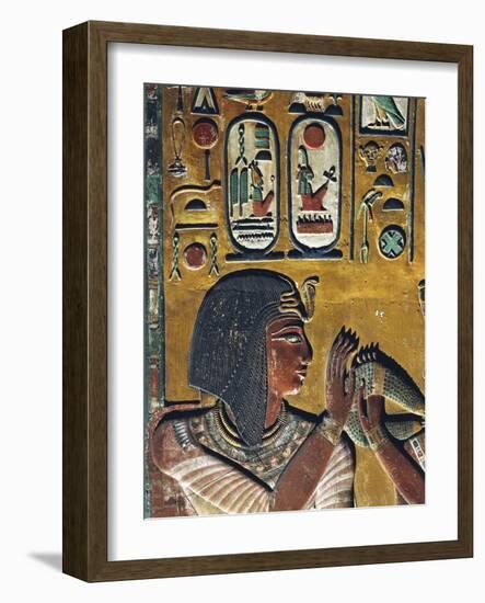 Goddess Hathor Offers Her Necklace to the Pharaoh, Painted Relief, Detail with Pharaoh-null-Framed Giclee Print