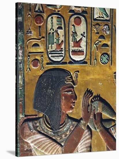 Goddess Hathor Offers Her Necklace to the Pharaoh, Painted Relief, Detail with Pharaoh-null-Stretched Canvas