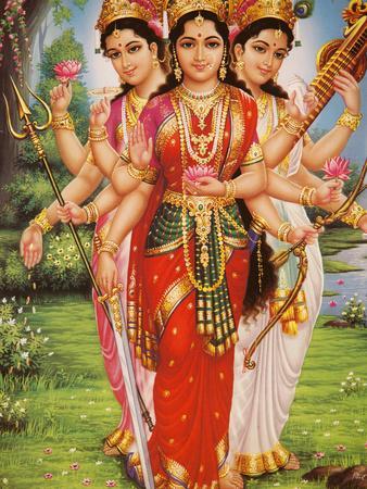 Picture of Hindu Goddesses Parvati, Lakshmi and Saraswati, India, Asia