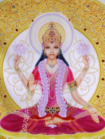 Picture of Lakshmi, Goddess of Wealth and Consort of Lord Vishnu, Sitting Holding Lotus Flowers, Ha