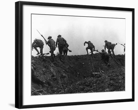 Going Over the Top, Soldiers Climbing over Trench on First Day of Battle of Somme, July 1, 1916-null-Framed Giclee Print