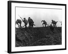 Going Over the Top, Soldiers Climbing over Trench on First Day of Battle of Somme, July 1, 1916-null-Framed Giclee Print