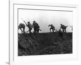 Going Over the Top, Soldiers Climbing over Trench on First Day of Battle of Somme, July 1, 1916-null-Framed Giclee Print