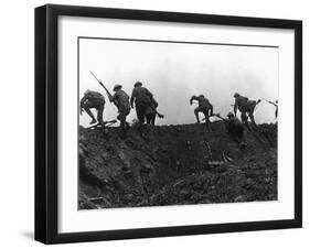 Going Over the Top, Soldiers Climbing over Trench on First Day of Battle of Somme, July 1, 1916-null-Framed Giclee Print