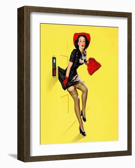 "Going Up" Retro Pin-Up Girl with Dress Caught in Elevator by Gil Elvgren-Piddix-Framed Art Print