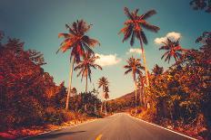 Colorful Sunset Landscape with Empty Road and Palm Trees in Jungle against Clear Blue Sky. Vintage-goinyk-Photographic Print